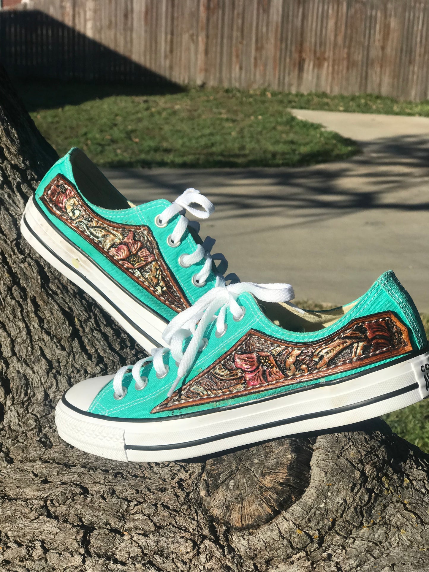 Custom Chucks with tooled leather