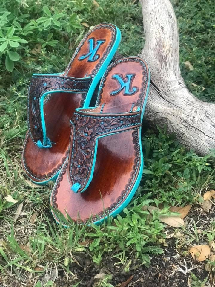 Flip-flop style Handtooled leather-Custom made to order