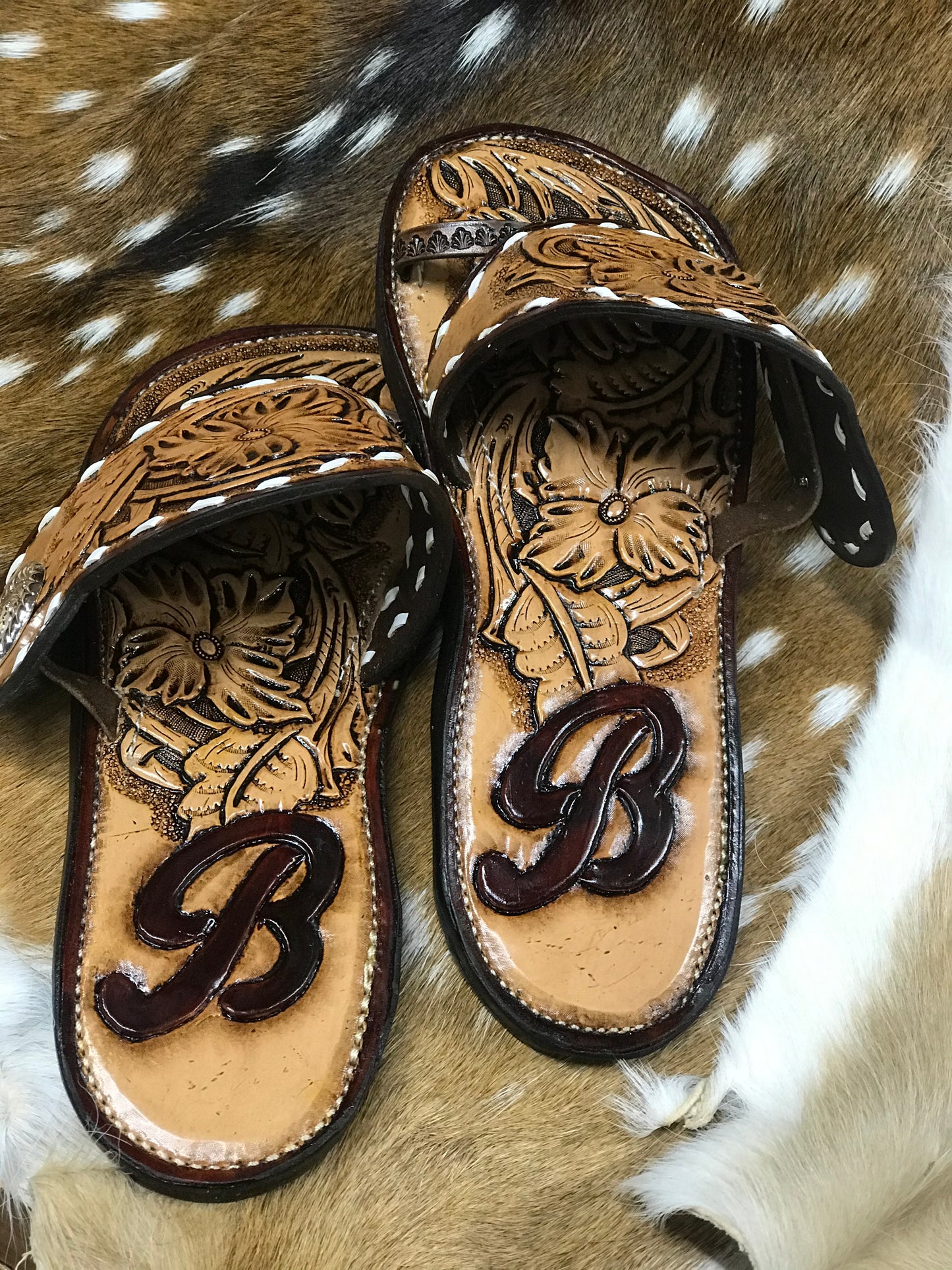 Spur strap sandals-Handtooled leather-Custom made to order