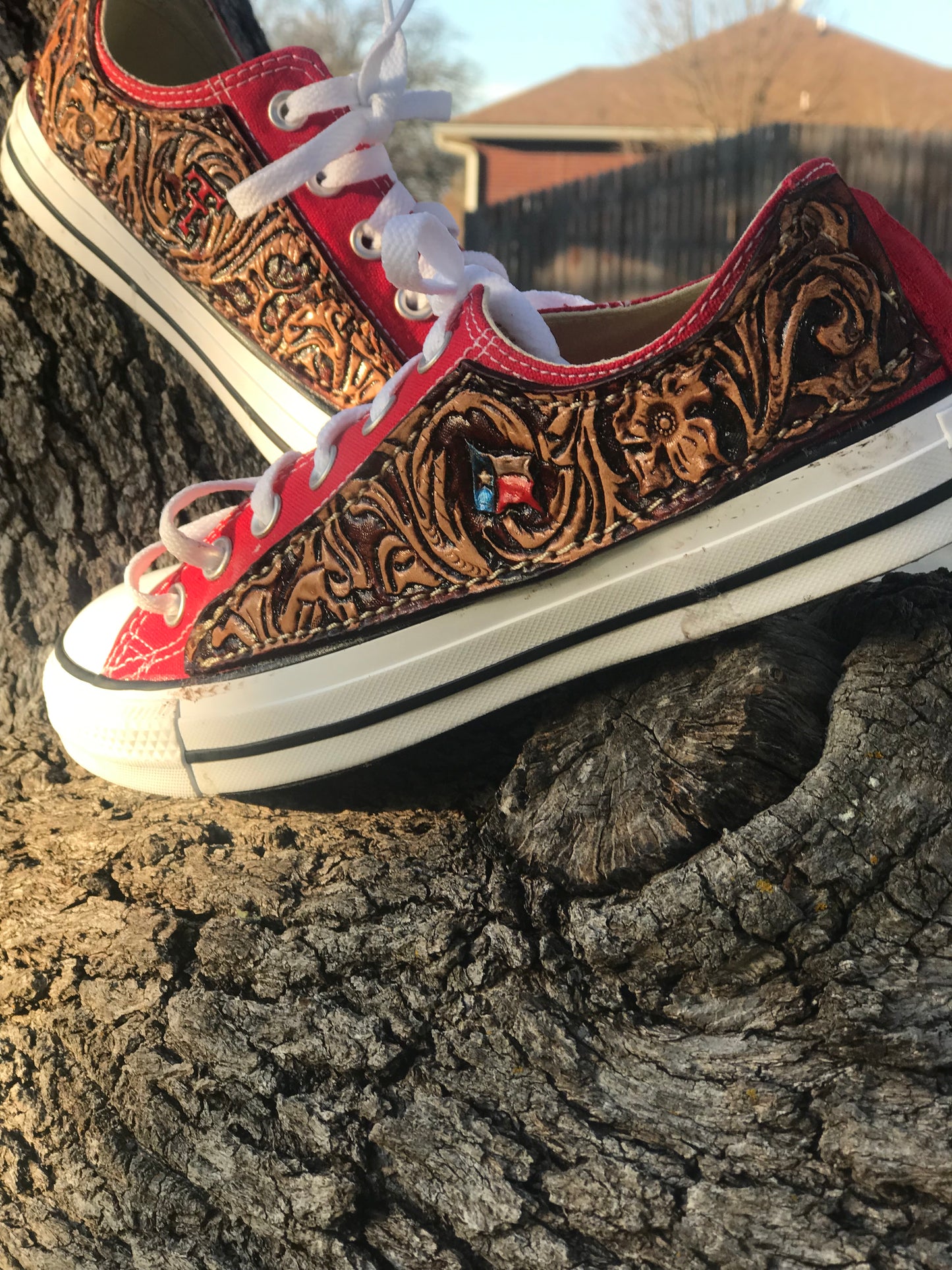 Custom Chucks with tooled leather