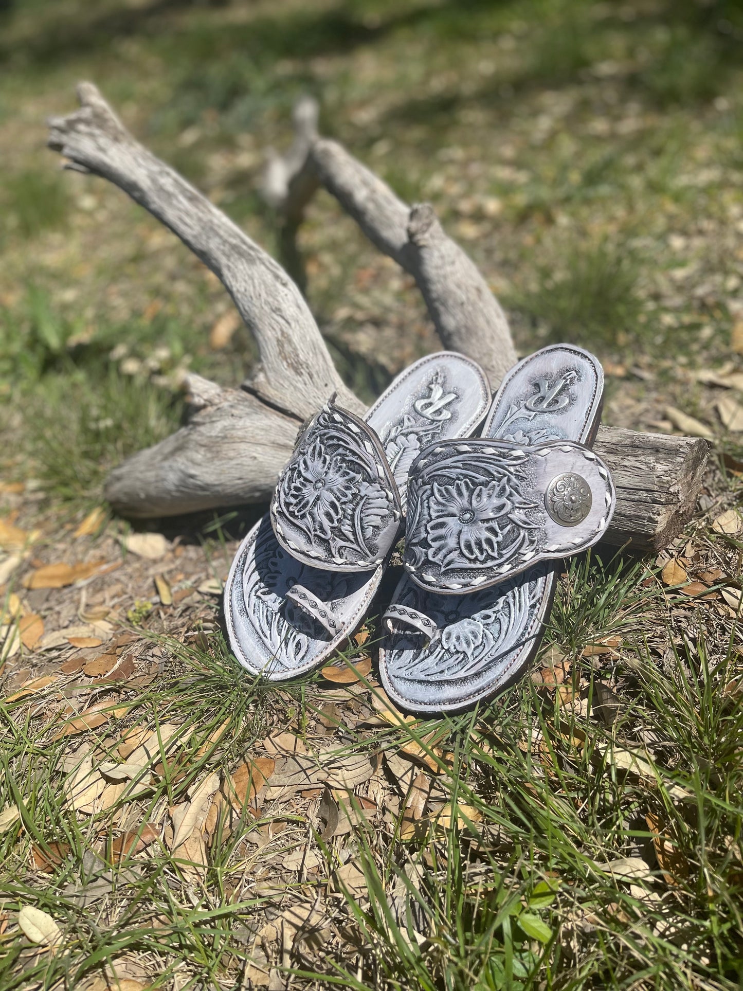 Spur strap sandals-Handtooled leather-Custom made to order