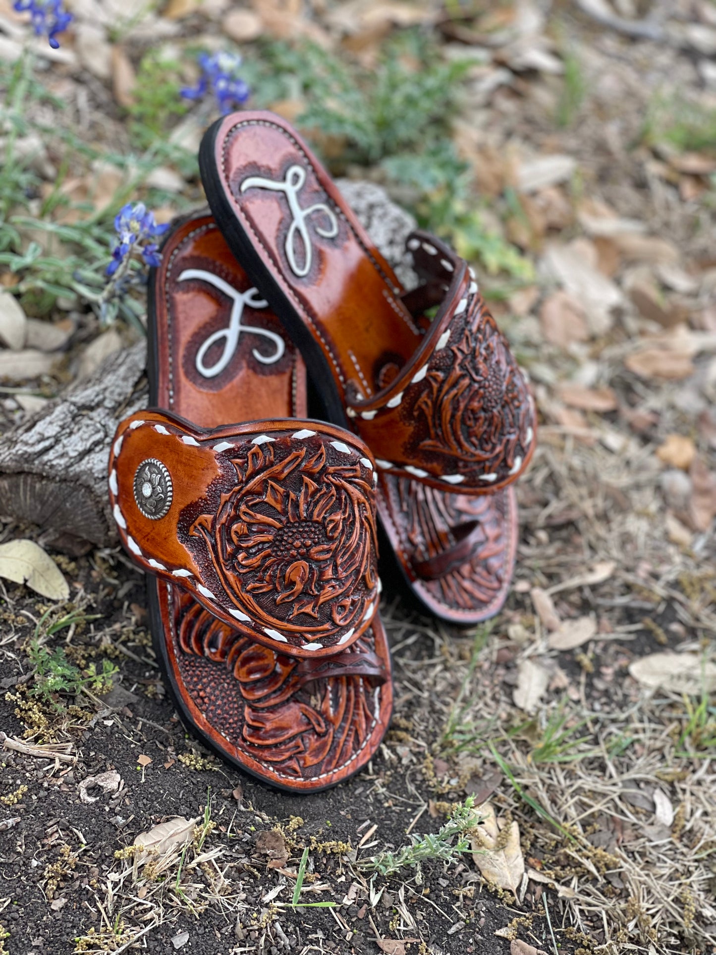 Spur strap sandals-Handtooled leather-Custom made to order