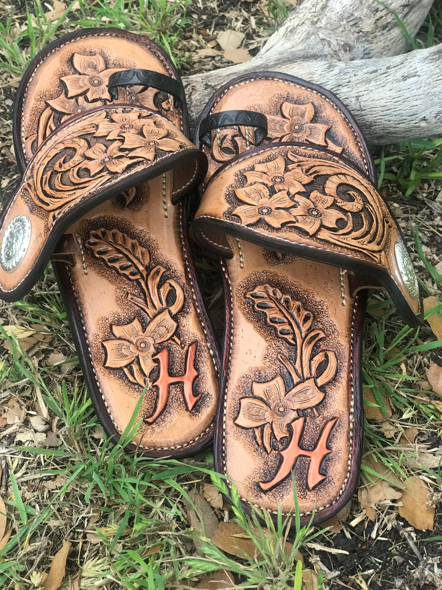 Spur strap sandals-Handtooled leather-Custom made to order