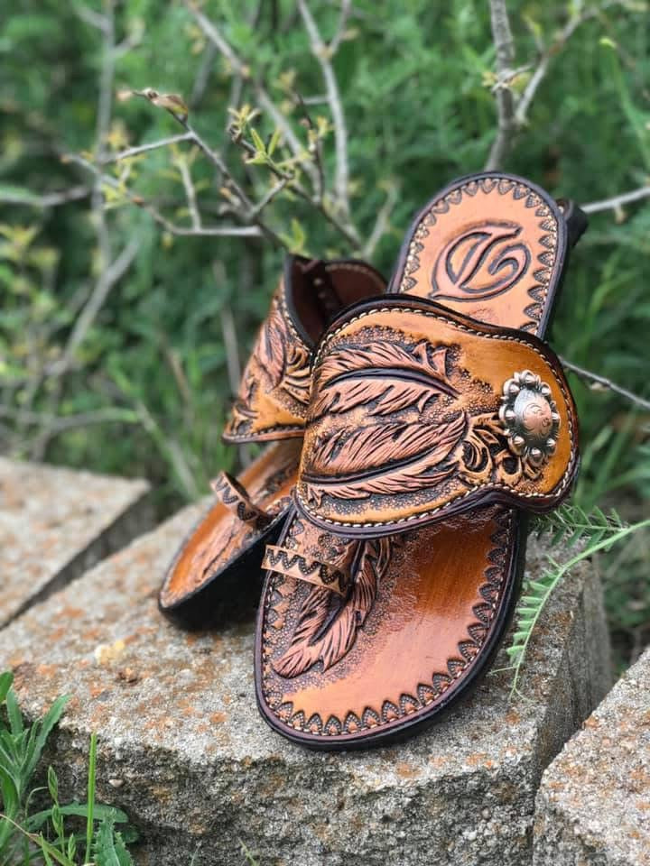 Spur strap sandals-Handtooled leather-Custom made to order