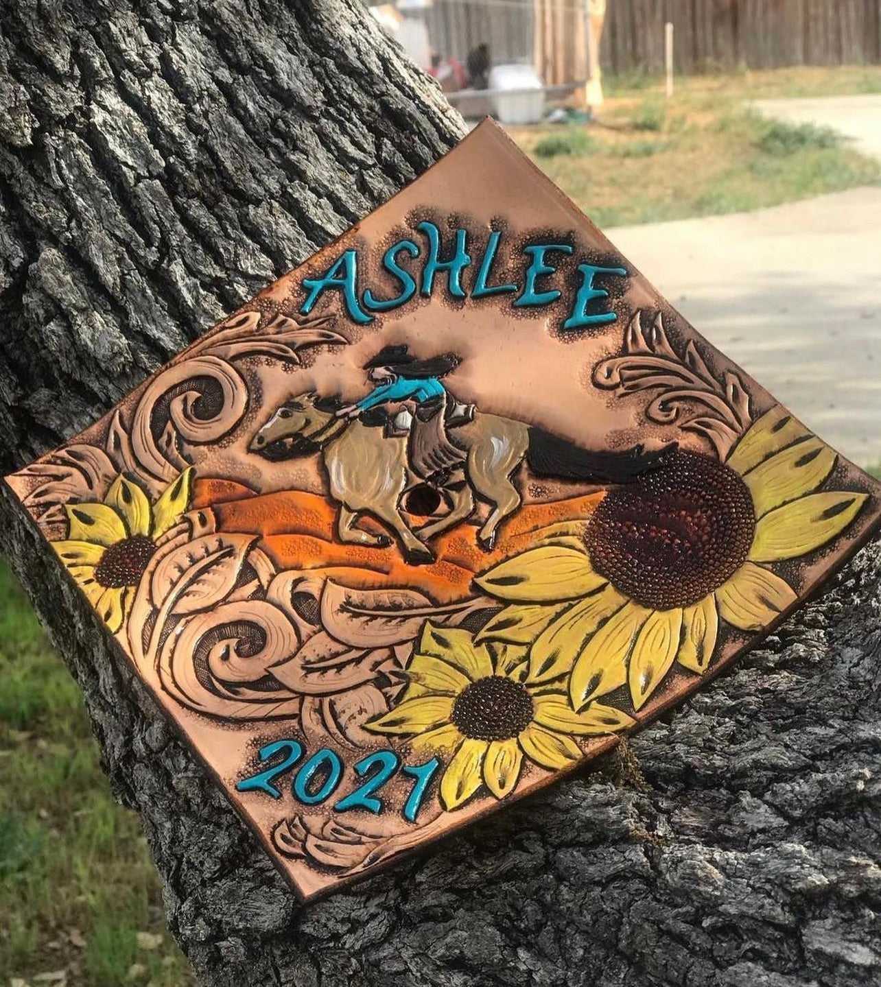 Tooled Leather Custom Graduation Cap Toppers