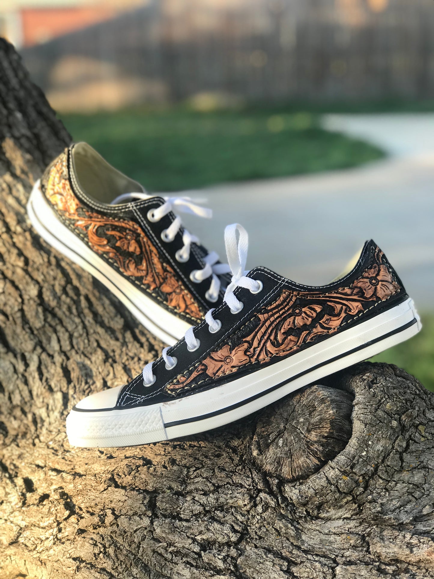 Custom Chucks with tooled leather