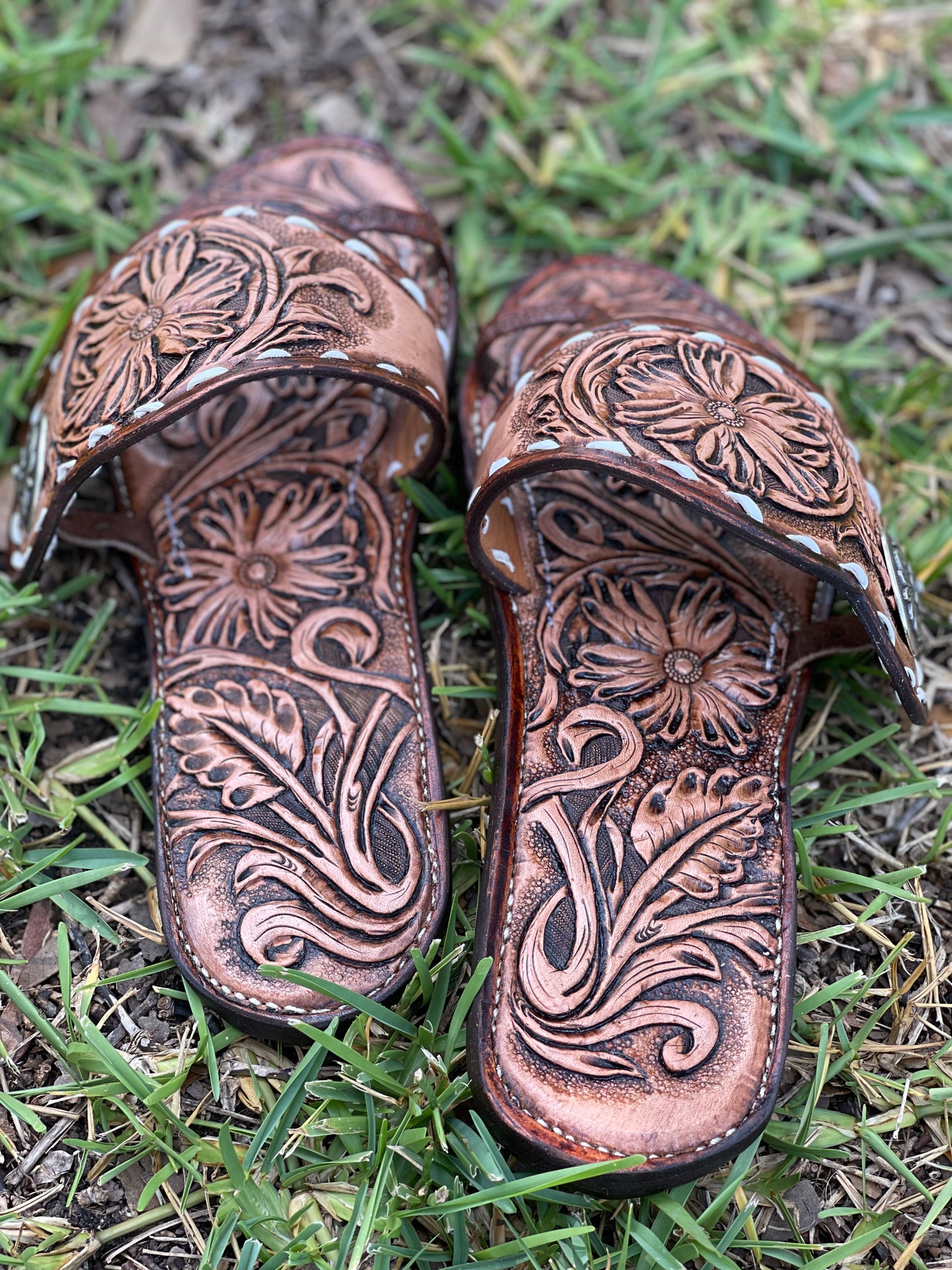 Spur strap sandals-Handtooled leather-Custom made to order