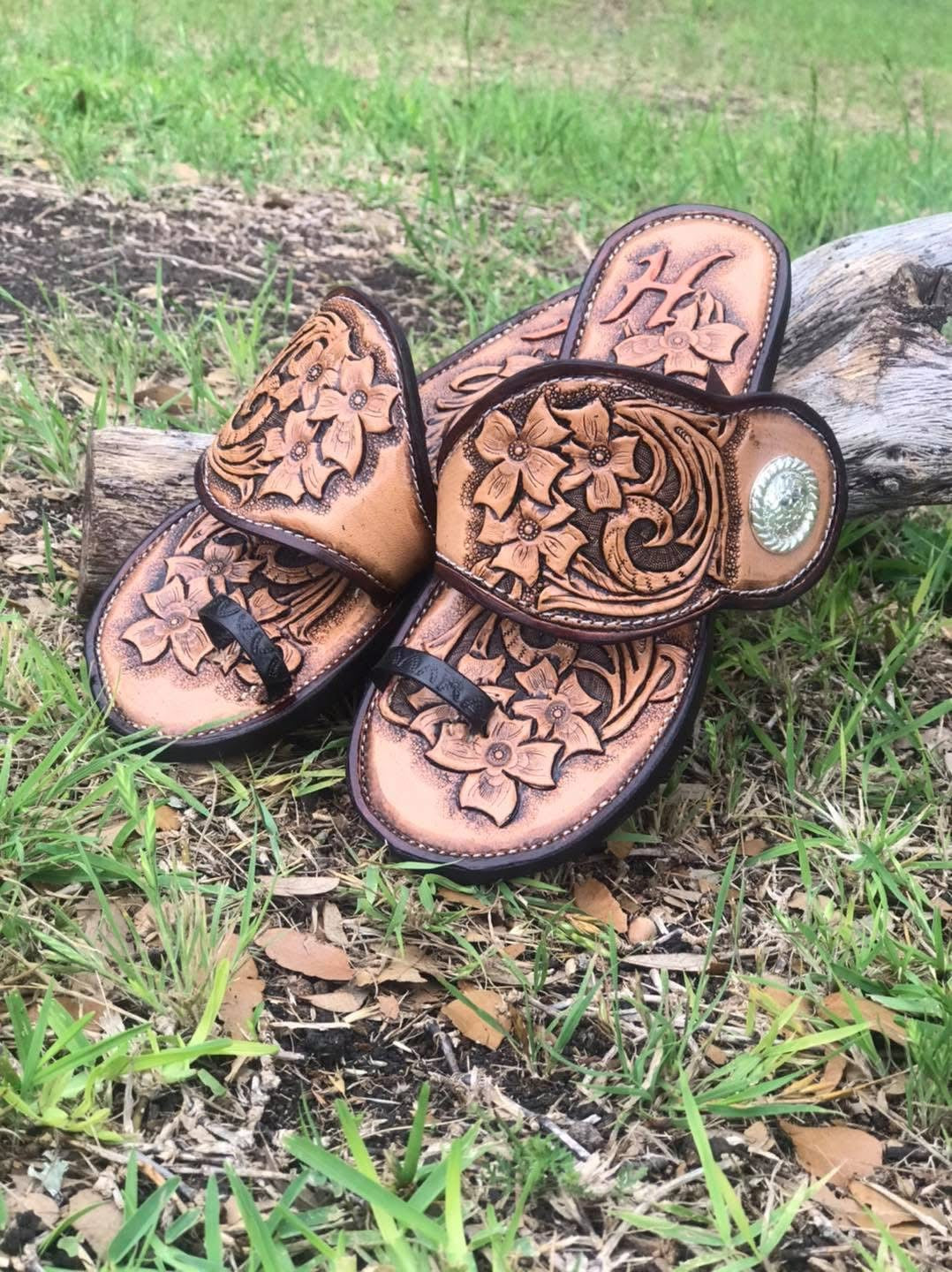 Spur strap sandals-Handtooled leather-Custom made to order