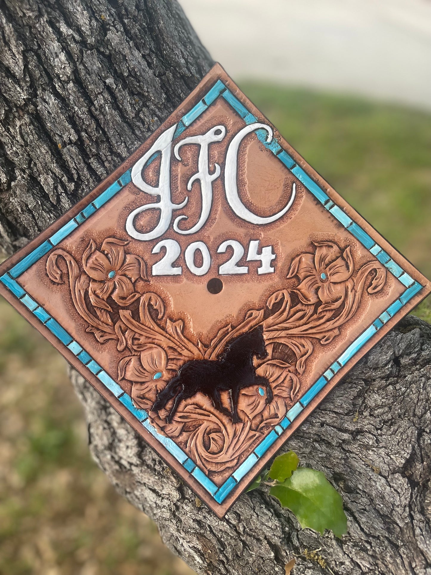 Tooled Leather Custom Graduation Cap Toppers
