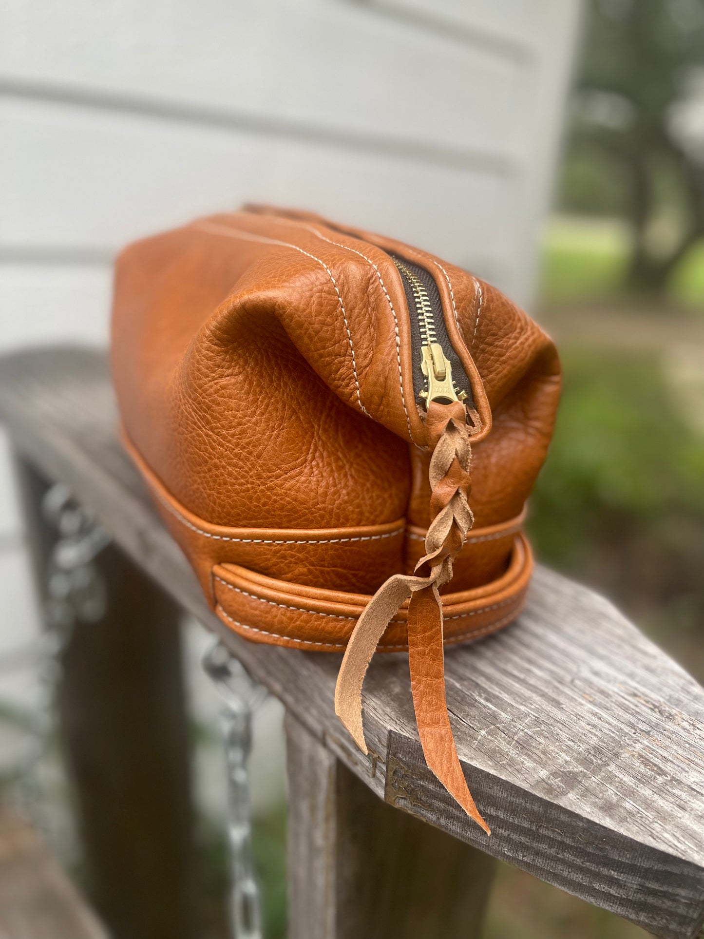 Deluxe leather shave kit with engravable patch for personalization