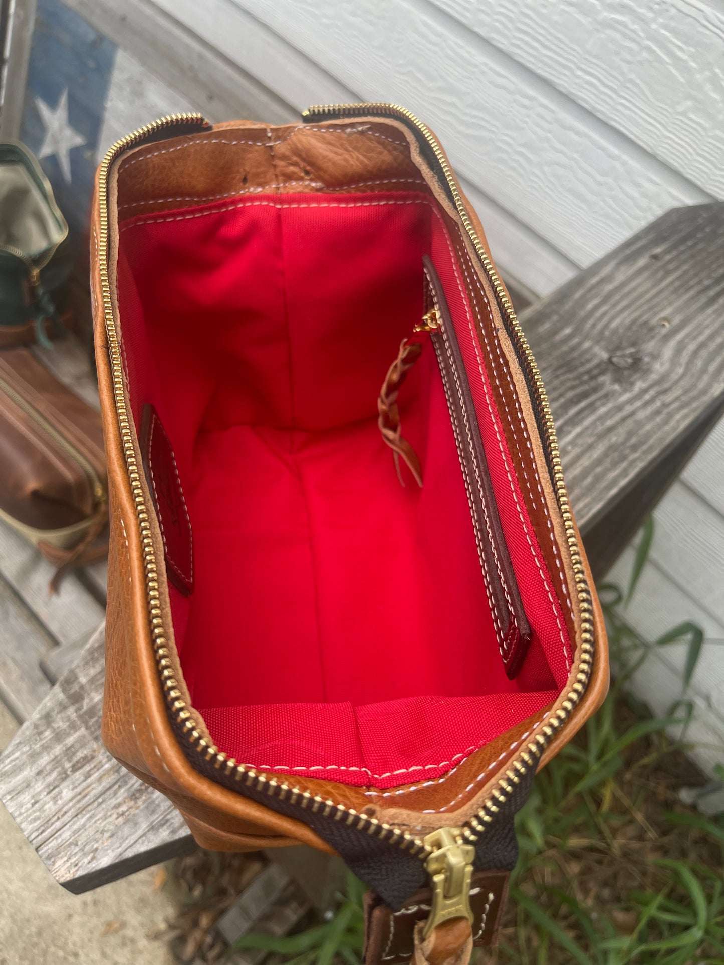 Deluxe leather shave kit with engravable patch for personalization