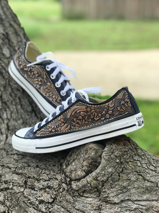 Custom Chucks with tooled leather