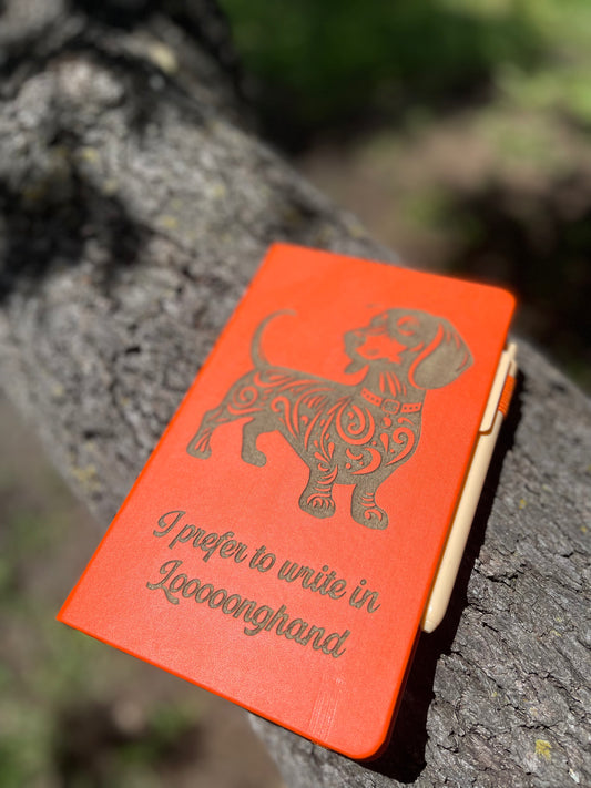 Dachshund engraved orange leatherette journal notebook with pen