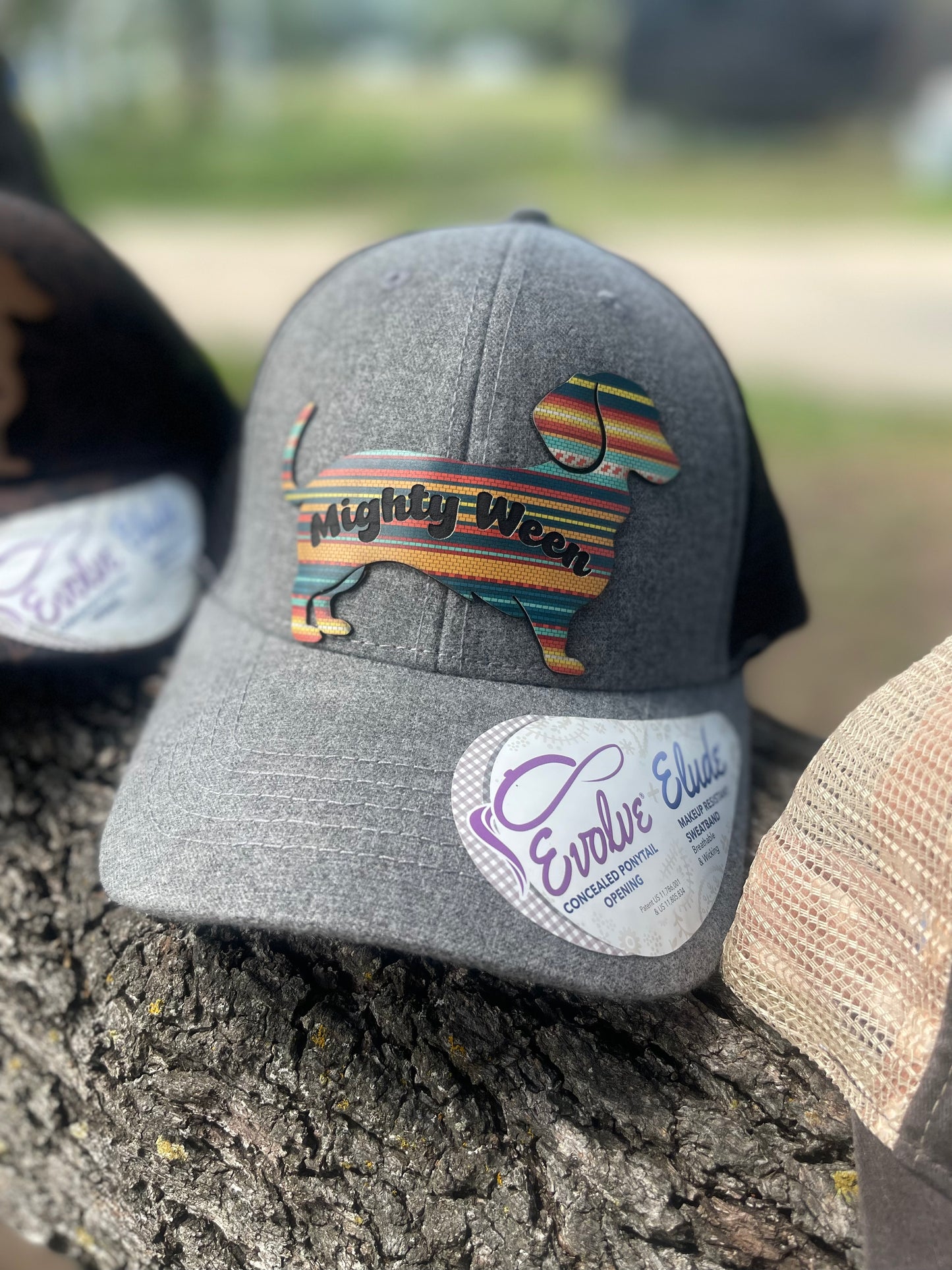 Gray ponytail hat with serape dachshund custom patch