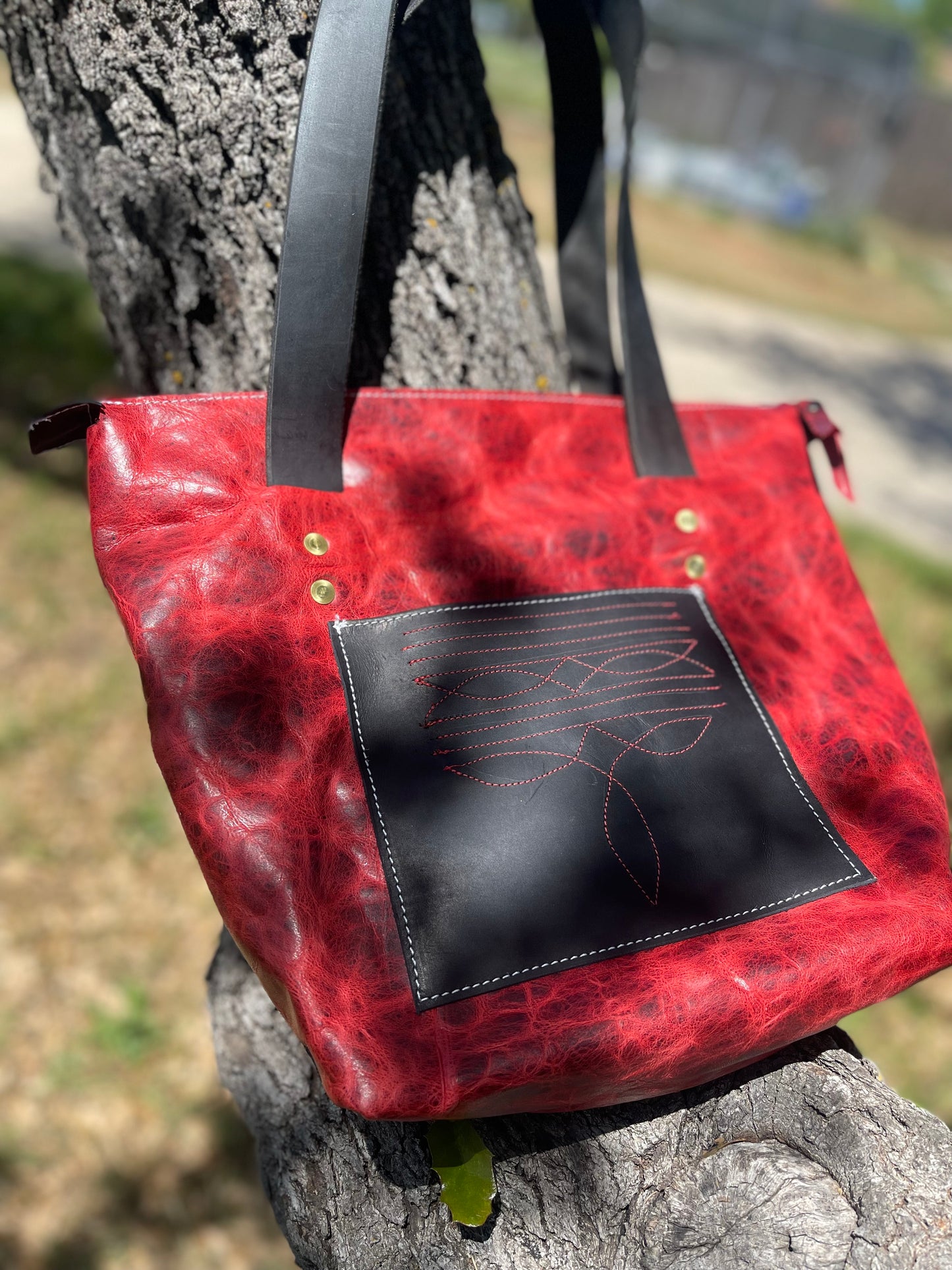 Red Leather Zipper Tote